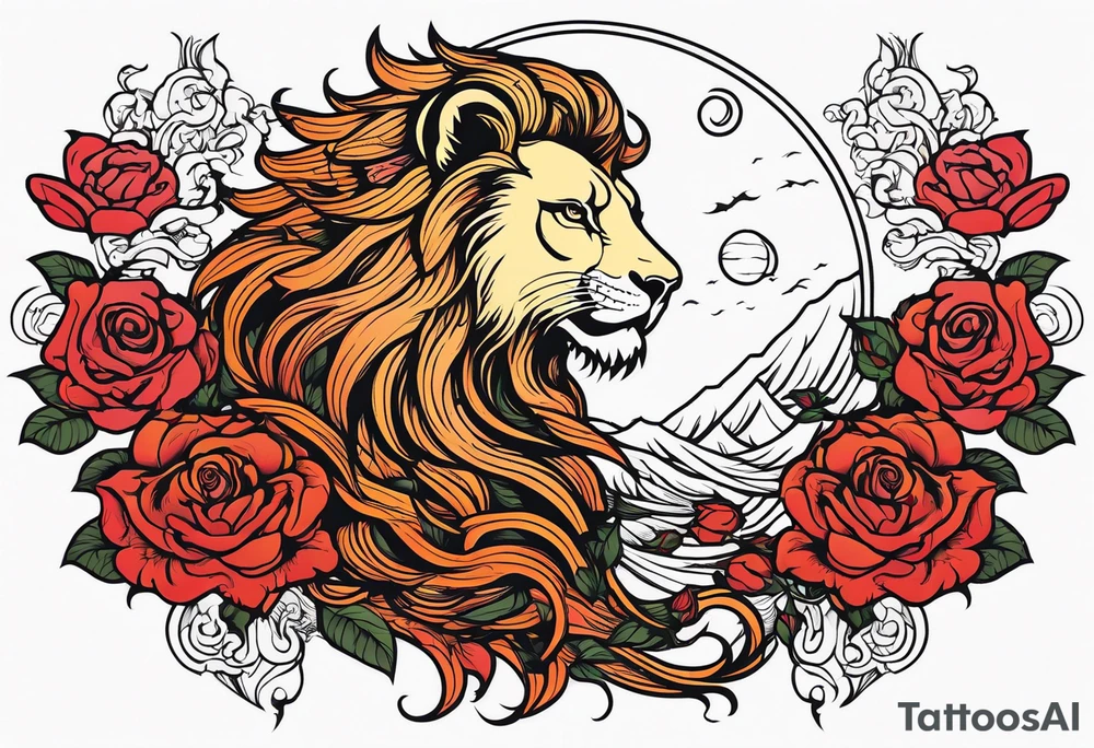 Lion, phoenix rising, rose, moon tattoo idea