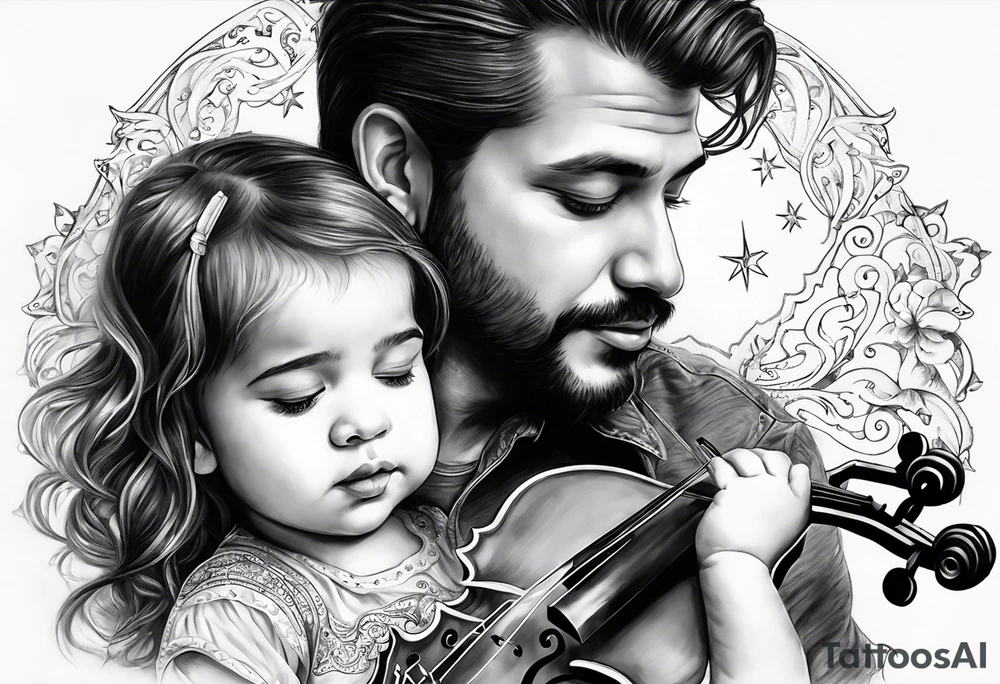 Si hay ángeles si hay violines, si hay estrellas baby ahi estaré. Tattoo of father holding his daughter. (RIP) Daddy loved music tattoo idea