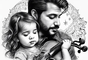 Si hay ángeles si hay violines, si hay estrellas baby ahi estaré. Tattoo of father holding his daughter. (RIP) Daddy loved music tattoo idea