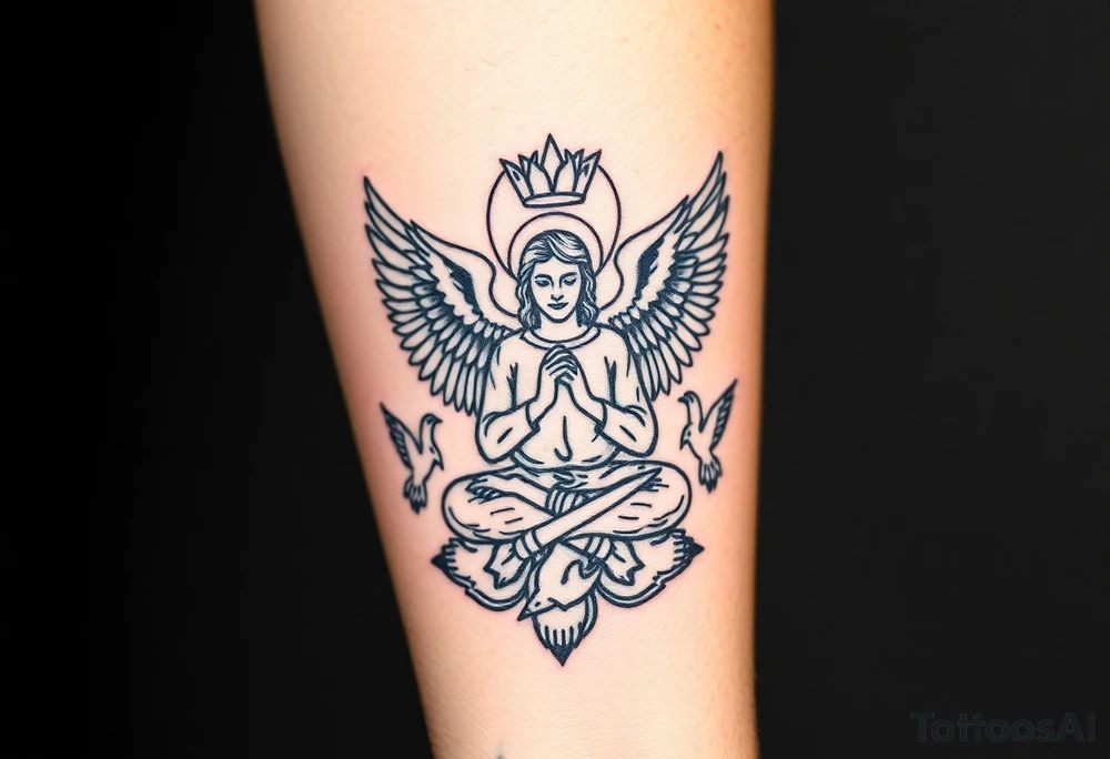 Saint Michael the Archangel meditates surrounded by birds tattoo idea