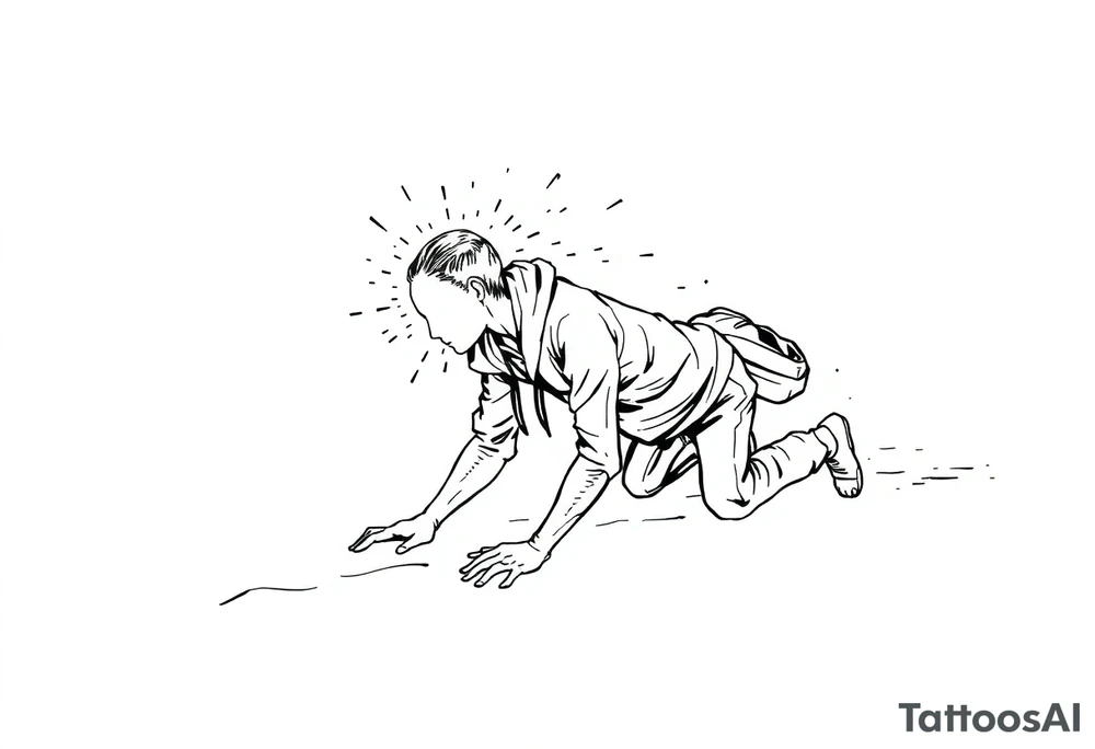 Everything everywhere all at once :Confusion and pressure in thin lines solo traveler with no face with his body parts left on the path behind him he’s crawling tattoo idea