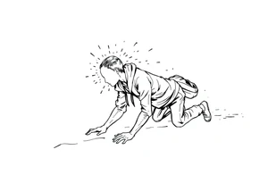 Everything everywhere all at once :Confusion and pressure in thin lines solo traveler with no face with his body parts left on the path behind him he’s crawling tattoo idea