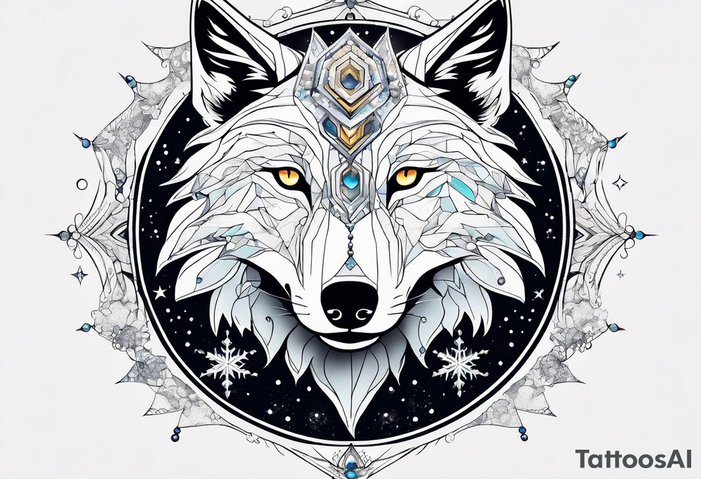 Constellation, two animal alien wolf, snowflake tattoo idea