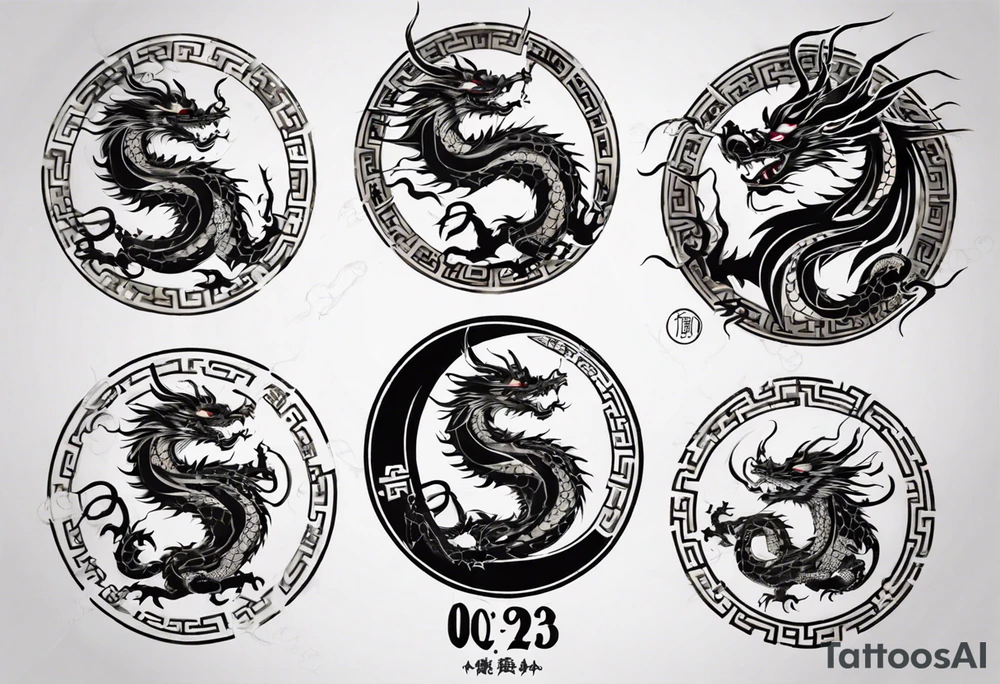 Chinese dragon in a circular shape with "02.03" written on its skin tattoo idea