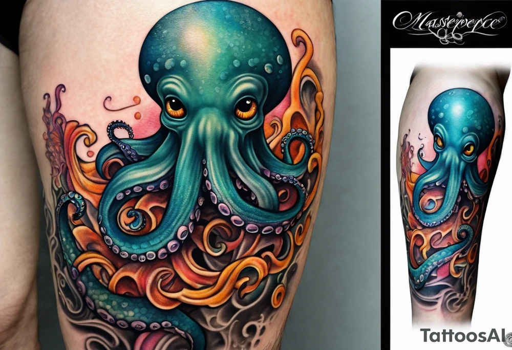 A shy but curious 8 inch tall octopus holding on to my leg for dear life while peaking around my calf tattoo idea