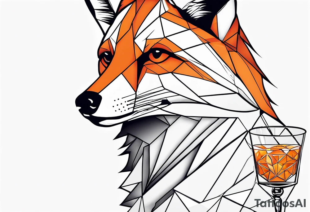 Geometric fox with one Negroni in short lowball cocktail glass with ice and orange peel with no background tattoo idea