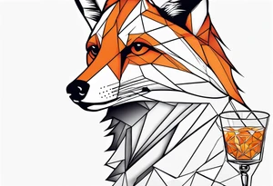 Geometric fox with one Negroni in short lowball cocktail glass with ice and orange peel with no background tattoo idea