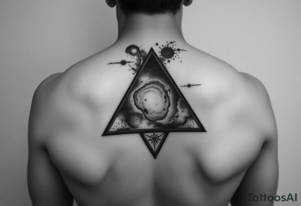 cover up tattoo of the galaxy that covers the upper portion of the back and is in an upside down triangle tattoo idea