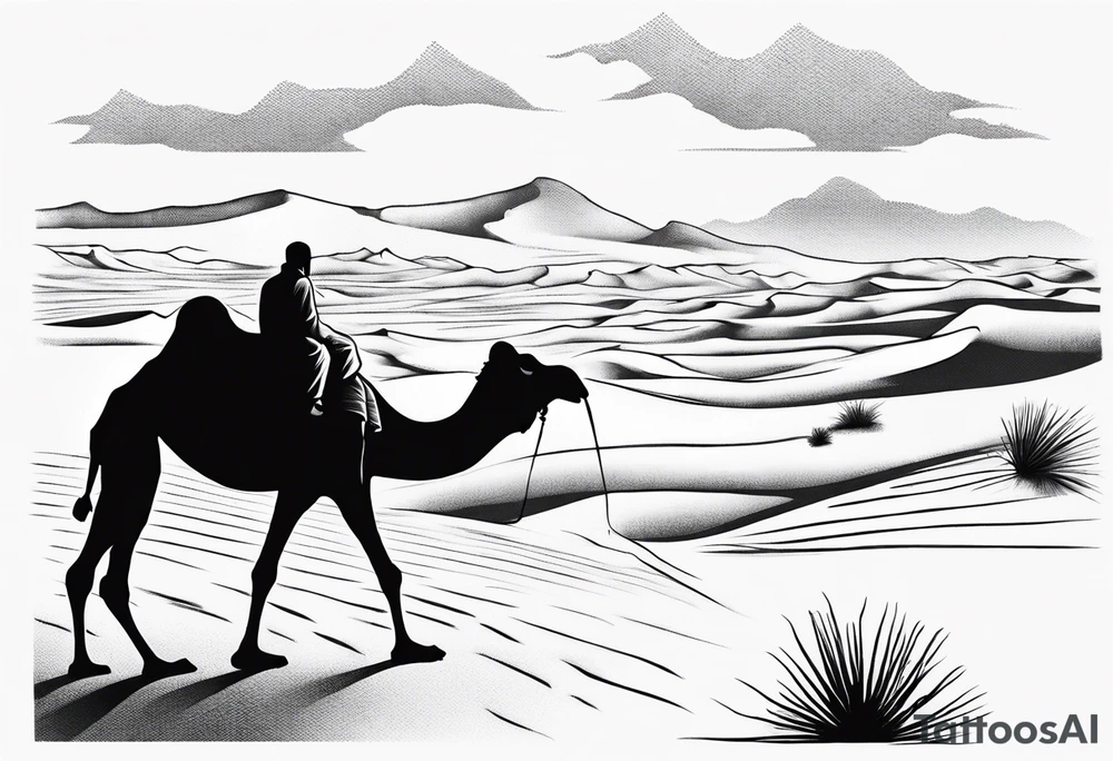 Design a tattoo showcasing a vast desert landscape with low, undulating sand dunes. Feature a man walking alongside his camel, both resilient against the harsh environment, the man covering his face with a long cloth for protection. tattoo idea