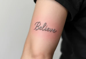 A delicate "Believe" in silver, intertwined with tiny feathers in soft white, symbolizing freedom and trust in the journey. tattoo idea