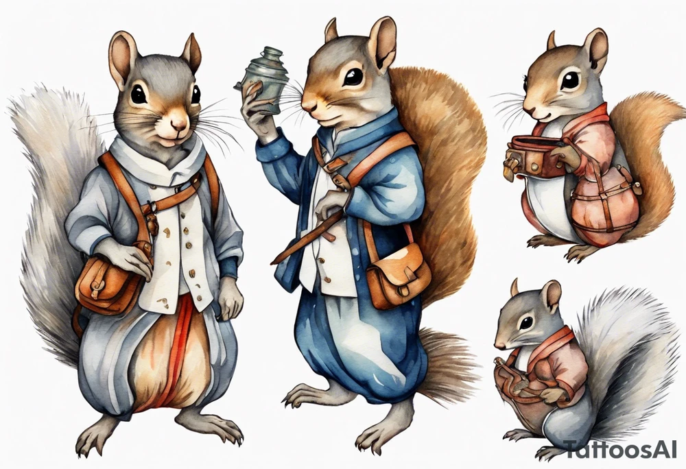 medieval grey squirrel in dress carrying a large satchel tattoo idea