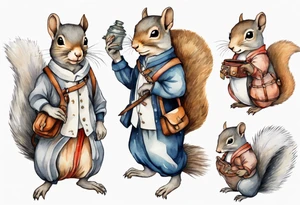 medieval grey squirrel in dress carrying a large satchel tattoo idea