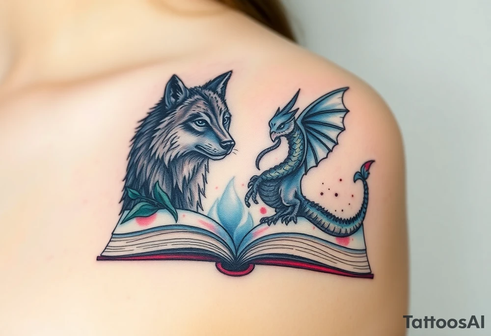 An open book with a werewolf, an owl & a dragon tattoo idea
