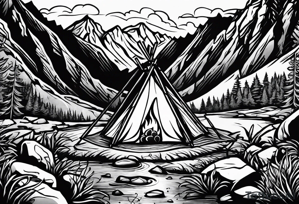 small camp fire at the base of a mountain tattoo idea