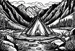 small camp fire at the base of a mountain tattoo idea