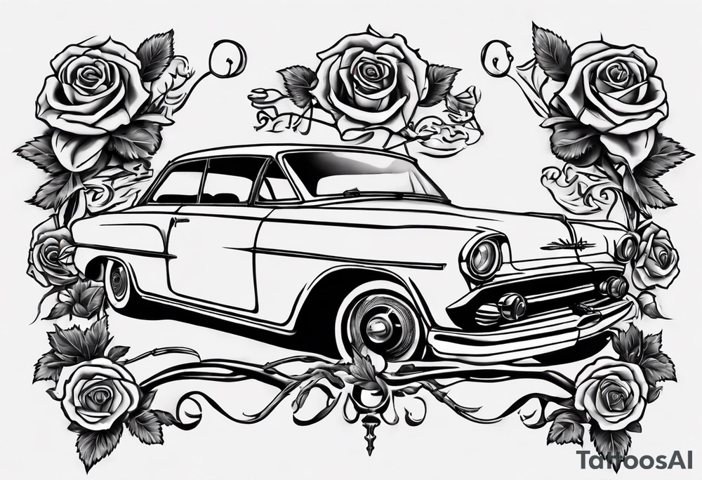 I want a tattoo of an old classic car and a skeleton with roses in the back with the name “Viking Customs” incorporated in the design tattoo idea