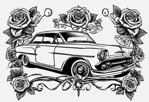 I want a tattoo of an old classic car and a skeleton with roses in the back with the name “Viking Customs” incorporated in the design tattoo idea