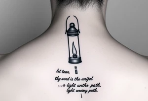 Someone holding a small lantern to light up a road with the text: "Thy word is a lamp unto my feet a light unto my path." The tattoo should be small tattoo idea