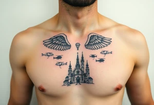 tattoo only  n the left side of the chest, paratrooper wings in the clouds with helicopters and paratroopers on their feet and below the church of cyril and methodius from prague tattoo idea