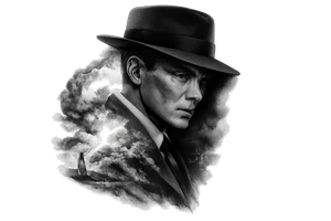 Create a high-end black-and-grey realism tattoo design featuring Cillian Murphy as J. Robert Oppenheimer from Christopher Nolan’s 2023 film Oppenheimer. His face must clearly resemble Cillian Murphy: sharp cheekbones, hollow cheeks, piercing light eyes, narrow face, intense haunted expression, wearing the dark 1940s suit and iconic wide-brimmed pork-pie hat from the film. Do NOT depict the historical J. Robert Oppenheimer or a generic 1940s scientist.

Show Cillian Murphy in dramatic three-quarter profile, looking slightly downward, with one side of his face illuminated by the Trinity nuclear explosion and the other disappearing into deep black shadow.

Behind and partially around him, show the Trinity test exploding over the New Mexico desert: an enormous white-hot fireball, rolling smoke, dust, and atmospheric shockwaves. The explosion should merge organically into his coat and silhouette instead of appearing as a separate mushroom cloud underneath him.

Incorporate subtle Manhattan Project imagery into the shadows: faint handwritten nuclear physics calculations, plutonium-core geometry, chain-reaction diagrams, Los Alamos technical sketches, and the distant silhouette of the Trinity test tower. These details should be secondary and partially hidden.

Make the entire piece dark, cinematic, ominous, sophisticated, and psychologically intense, inspired by the visual atmosphere of the 2023 Oppenheimer film. The tattoo should convey a brilliant man staring into the consequences of what he helped create.

Style: ultra-realistic black-and-grey tattoo, extremely accurate Cillian Murphy facial likeness, cinematic lighting, deep blacks, smooth greywash, fine-line details, realistic skin texture, strong contrast, controlled negative space, organic smoke transitions, no hard rectangular border, designed for an outer forearm or upper arm, vertical composition.

NO: historical Oppenheimer facial likeness, generic scientist, giant atom symbol around his head, atom halo, Einstein, cartoon imagery, symmetrical tattoo-flash layout, portrait sitting directly above a mushroom cloud, cheesy science icons, gears, clocks, skulls, roses, random text, gibberish equations, steampunk imagery, exaggerated fedora, smiling expression, superhero pose.



Keep this exact overall composition and cinematic black-and-grey realism. Remove the atomic orbit symbol entirely. Make the nuclear explosion more chaotic, realistic, and atmospheric, inspired by the Trinity test rather than a clean mushroom-cloud icon. Increase the portrait size slightly and blend the smoke naturally into the coat, jawline, and background. Keep the distant Trinity tower. Reduce the equations to extremely faint, authentic-looking handwritten physics notation partially hidden in the shadows. Make the portrait the dominant focal point and the explosion secondary. Preserve strong negative space and tattoo-friendly edges. tattoo idea