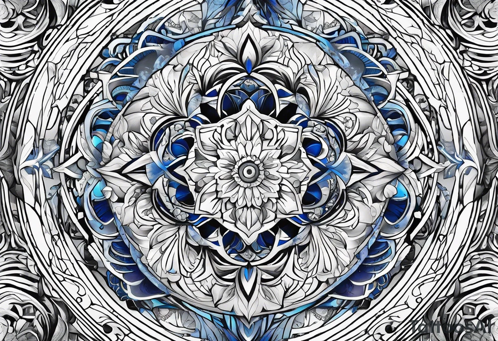 Linear bionic metatron , with abstract floral patern in blue brushed design tattoo idea