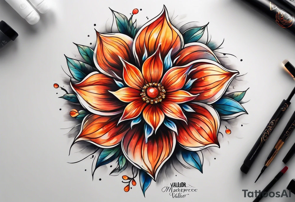 A fire wheel flower with the name Valor in the stem tattoo idea