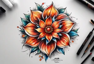 A fire wheel flower with the name Valor in the stem tattoo idea