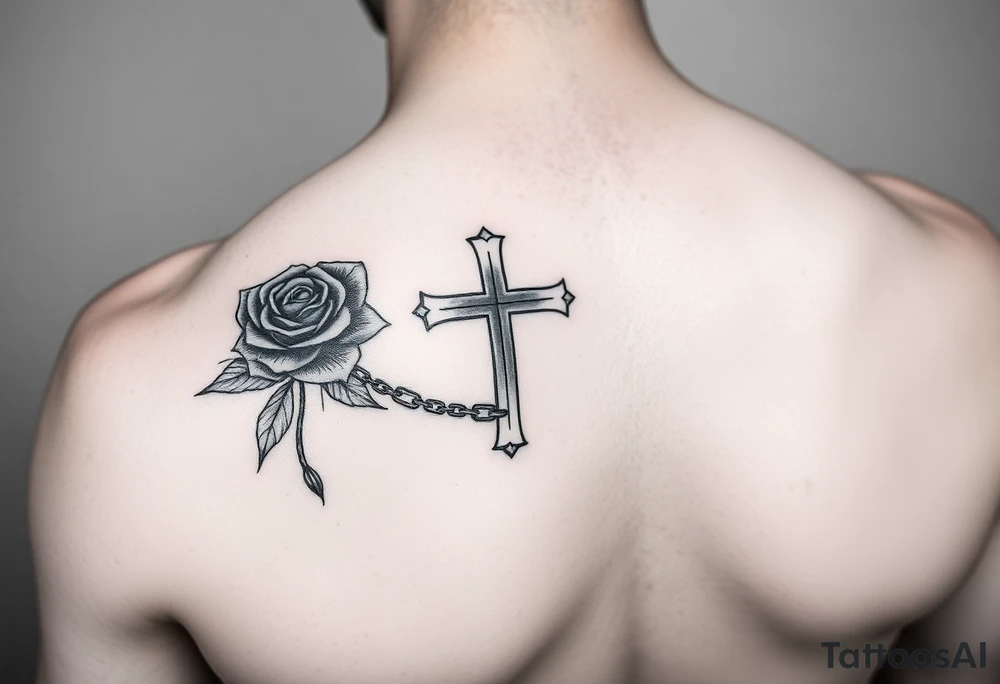A Forearm tattoo with a Cross and a rose and chains tattoo idea
