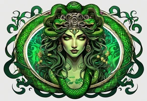 Serpent-themed female Medusa with intense features, snakes forming her hair, glowing green eyes, intricate snake patterns on the body, coiled around a Grecian column in a dimly lit ancient temple. tattoo idea