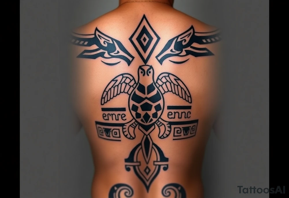 I would like a Samoan/Polynesian tattoo that covers the entire leg from the calf to the ankle, in a traditional style with thick lines and geometric patterns. the base must be similar to classic Samoan band tattoos, but personalized: with symbols of strength and combat (spearheads / niho hand), family symbols (enata figures), symbols of the sea and travel (waves, spirals), it is a protective element like the turtle (honu). the design must be harmonious and envelop the ... tattoo idea