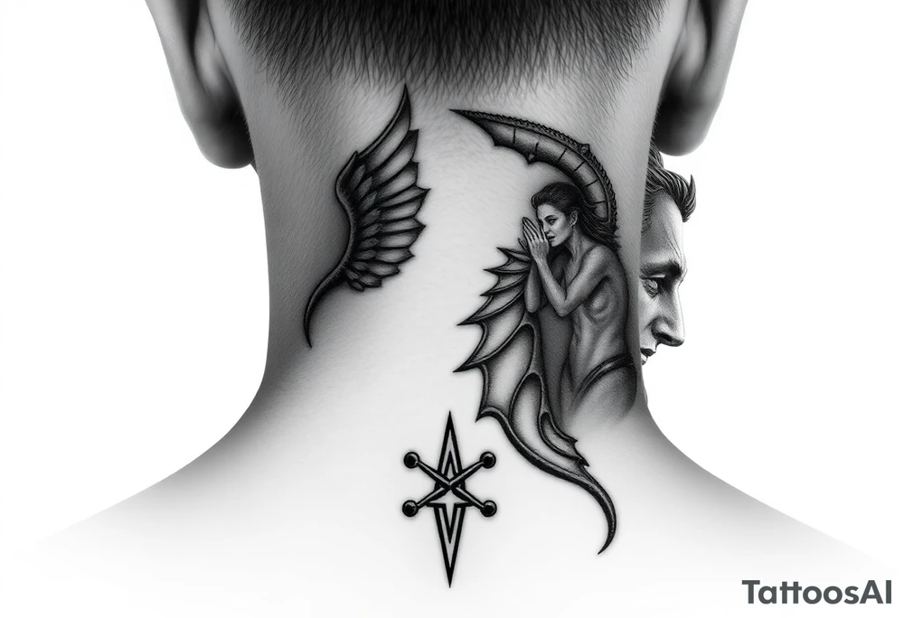position behind the neck Angel (on the right) whispering in the right ear, demon (on the left) whispering in the left ear. It must be as realistic as possible. tattoo idea