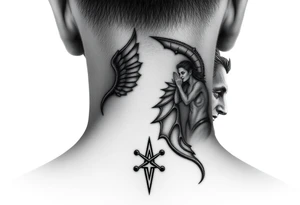 position behind the neck Angel (on the right) whispering in the right ear, demon (on the left) whispering in the left ear. It must be as realistic as possible. tattoo idea