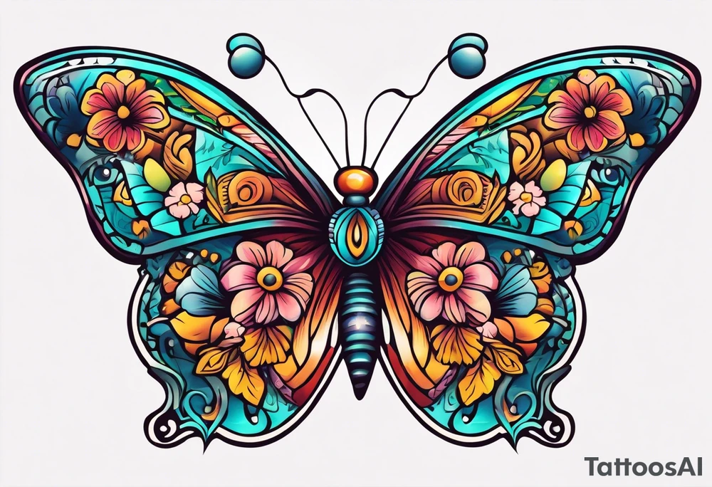 butterfly old school traditional vintage bold colorful with vintage flowers tattoo idea