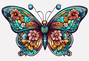 butterfly old school traditional vintage bold colorful with vintage flowers tattoo idea