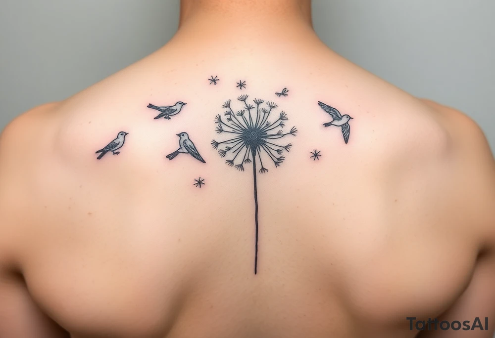 Dandelion tattoo representing motherhood, blowing in the wind giving myself to the next generation. Five birds for my children and two white birds for the children I lost. Whimsical and fine line. More artistic and soft. tattoo idea