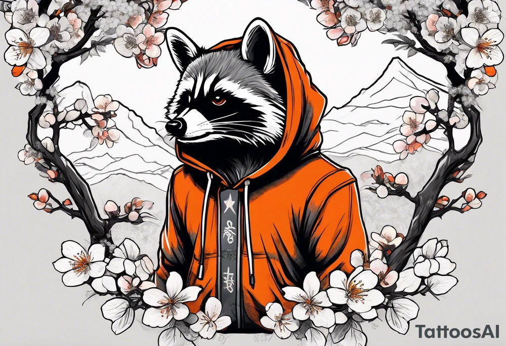raccoon wearing a black and white Superman hoodie and orange Japanese cherry blossoms tattoo idea