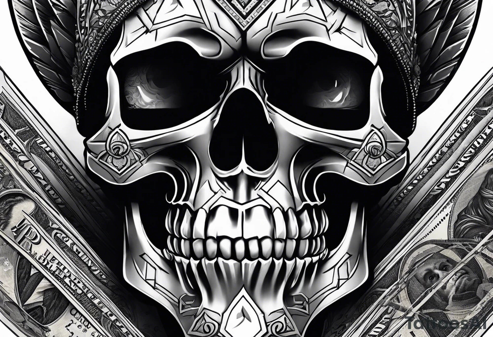 Forearm tattoo skull head with money in one eye, all tattoo angry, tattoo idea