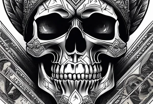 Forearm tattoo skull head with money in one eye, all tattoo angry, tattoo idea