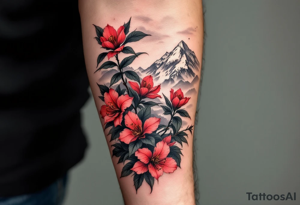 red  and black rhododendron trippy with Himalayas behind tattoo idea