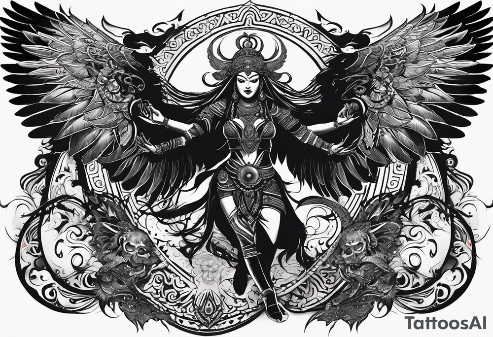 black kali, goddess pirate, alien, angel, pachamama, valkrye, warrior, flying, skull, lotus azul, wing, eagle, zenza resonance, stars, 5D, anahata chakra, death, durga, riding on a tiger, flying lady tattoo idea
