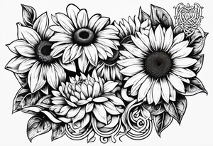 book with daisy bouquet and a sunflower and a celtic dara knot tattoo idea