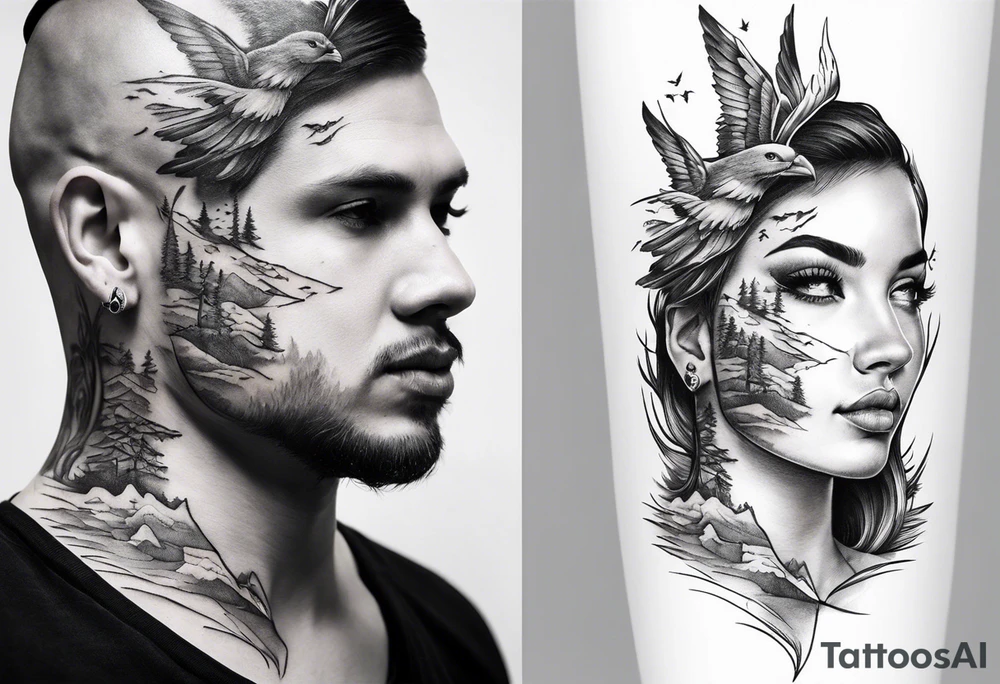 Landscape front neck tattoo that's appear to be ejecting from the skin, symbolizing the freedom from censorship. tattoo idea