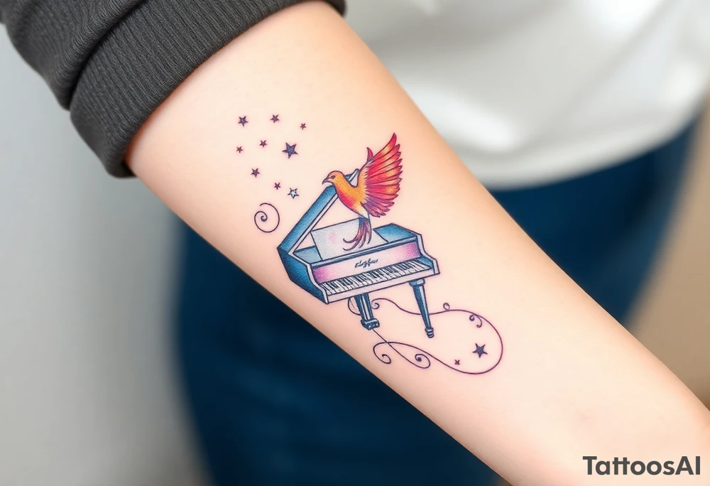 dream grand piano under the stars swirl pheonix tattoo idea