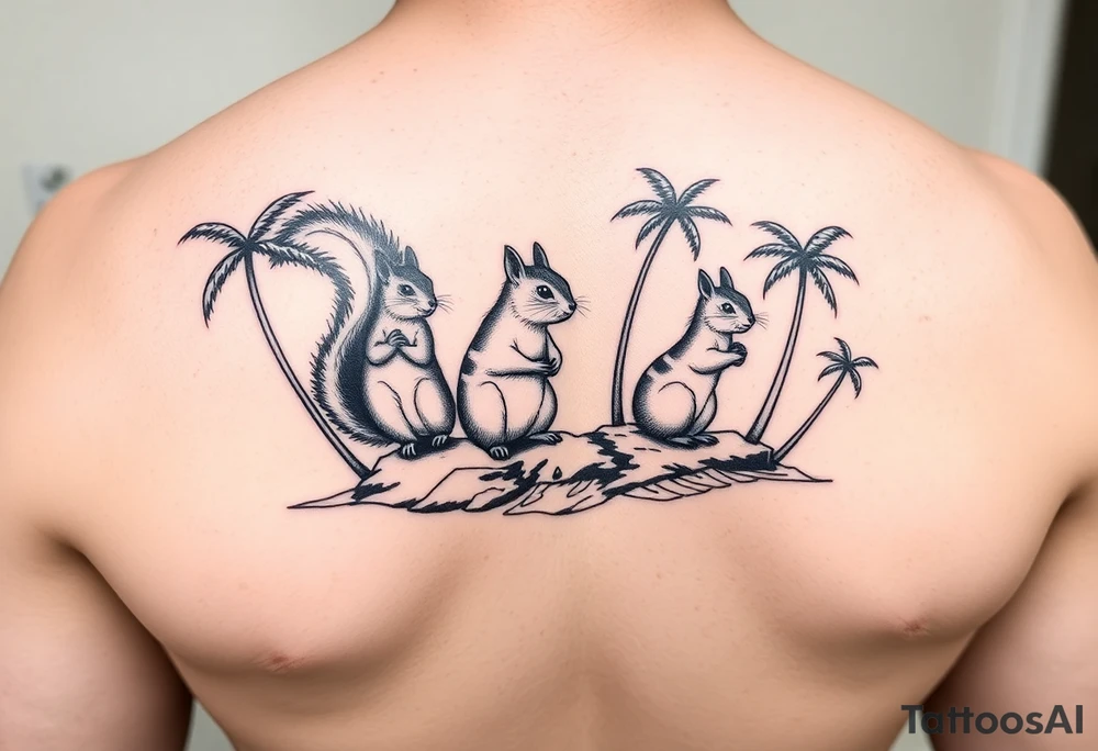 Squirrel family of 4 on an island with palm trees tattoo idea