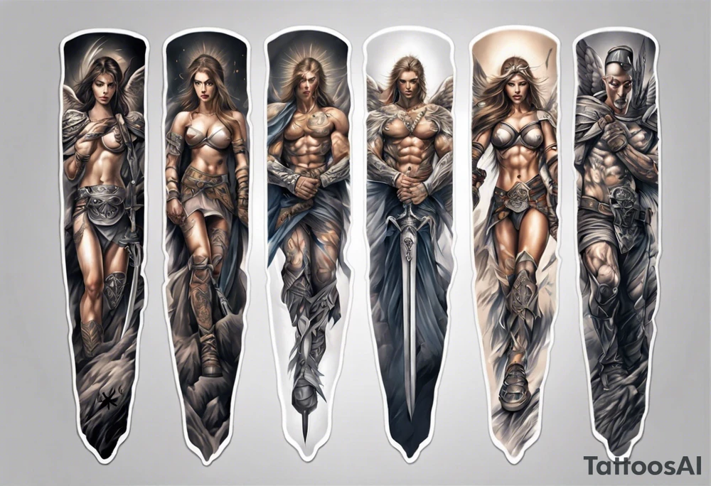 Full arm sleeves with warrior angels on it tattoo idea