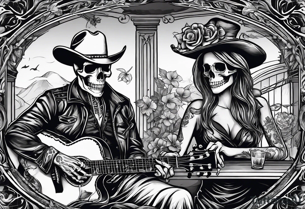 a bar scene with western female and male skeletons. The female skeleton has hibiscus flowers for eyes, and the male skeleton plays the guitar. tattoo idea