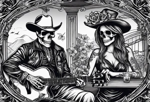 a bar scene with western female and male skeletons. The female skeleton has hibiscus flowers for eyes, and the male skeleton plays the guitar. tattoo idea