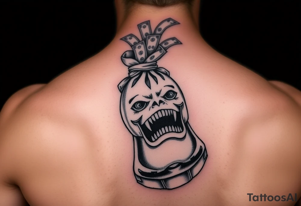 Infinity gauntlet holding a money bag that has a face and sharp teeth with money coming out the top tattoo idea