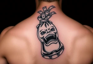 Infinity gauntlet holding a money bag that has a face and sharp teeth with money coming out the top tattoo idea