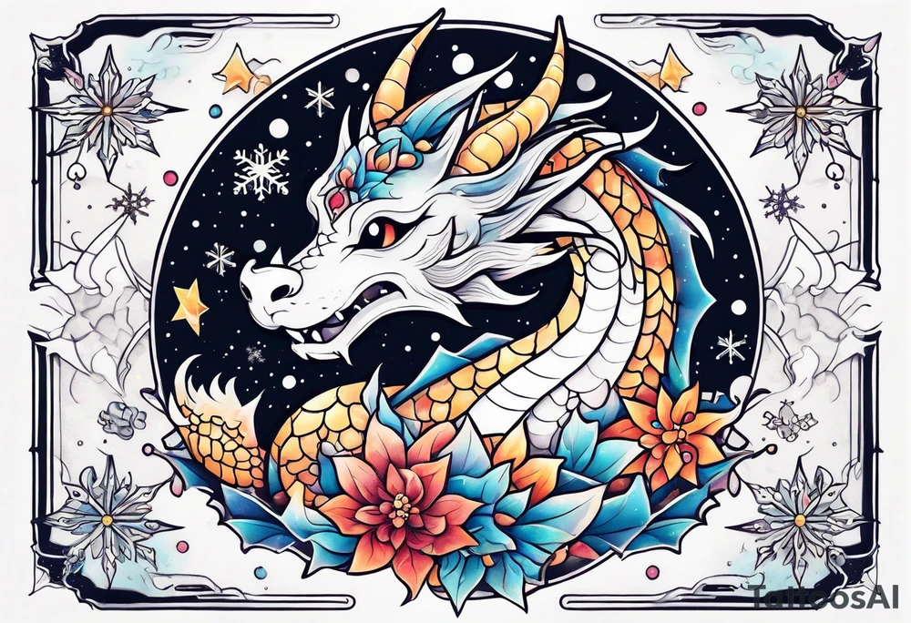 Constellation, kawaii dragon, snowflake tattoo idea